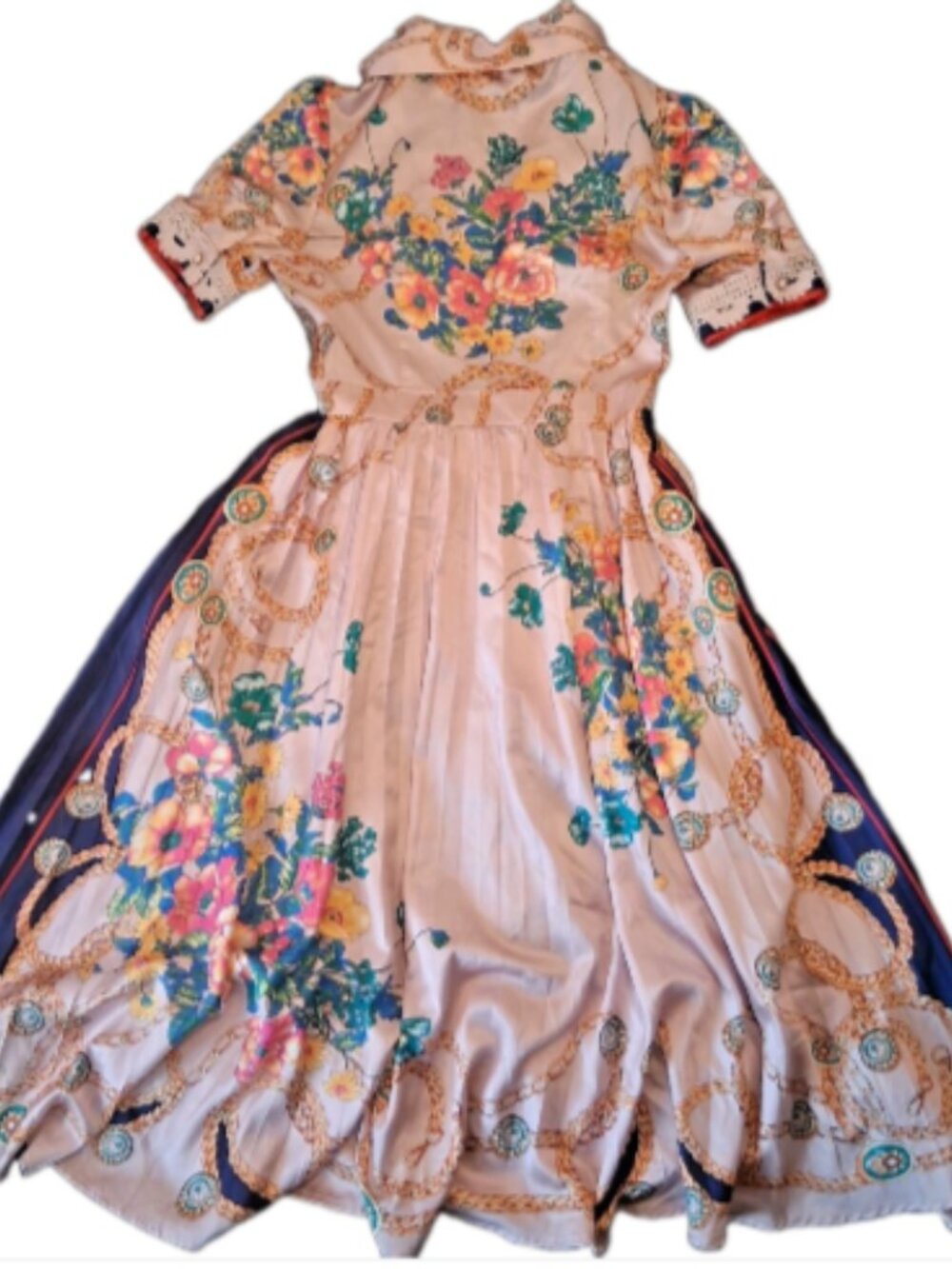 NWOT Retro Baroque Chain Print Pleated Midi Dress Pink - Picture 2 of 16